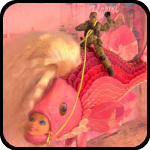 Saddam Hussein Rinding A Pink Fish That Has A Barbie Head In Its Mouth
